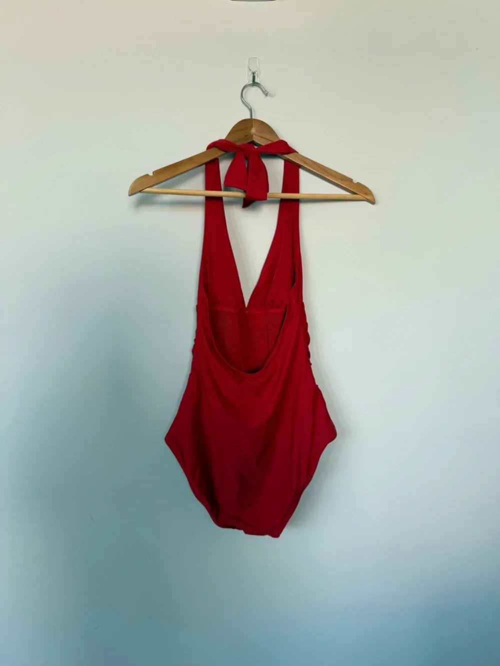 DKNY Women's Triangle Halter One Piece Red Swimsuit Rouched Front - Picture 8 of 13
